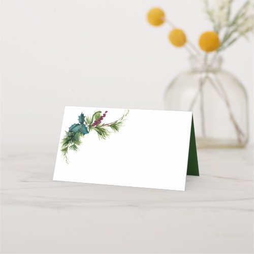 Winter Floral Watercolor Evergreen Wedding Place Card