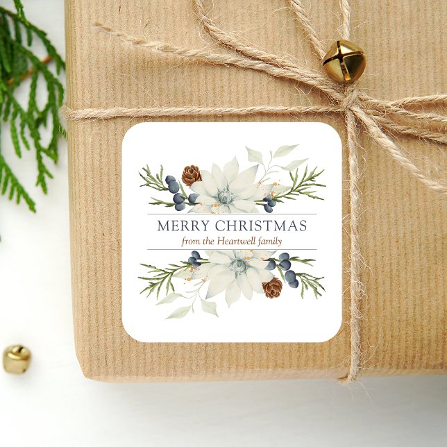 Winter Floral Watercolor Merry Christmas Square Sticker (Creator Uploaded)