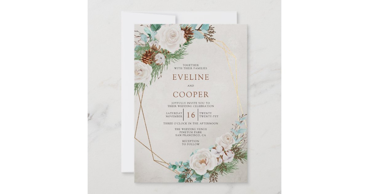 Winter Floral Watercolor White Rose Pine Wedding Invitation | Zazzle