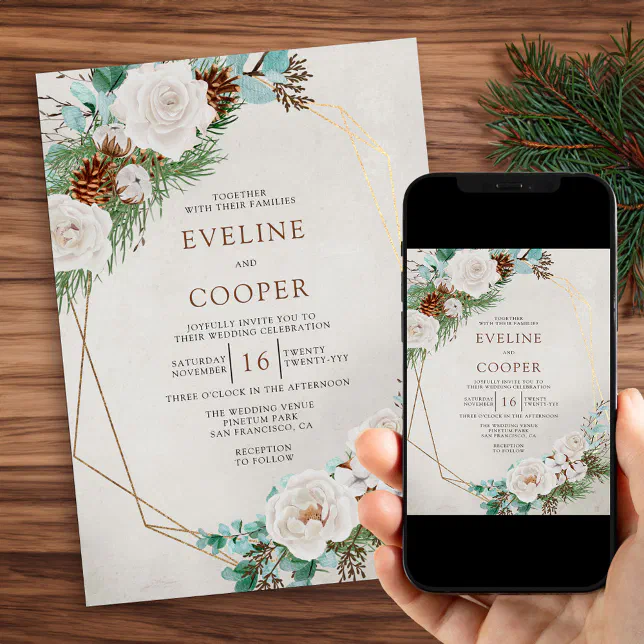 Winter Floral Watercolor White Rose Pine Wedding Invitation | Zazzle