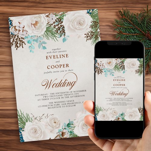 Winter Floral Watercolor White Rose Wedding Invitation