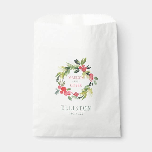 Winter Floral Watercolor Wreath  | Wedding Favor Bag (Front)