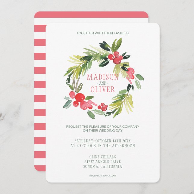 Winter Floral Watercolor Wreath  | Wedding Invitation (Front/Back)