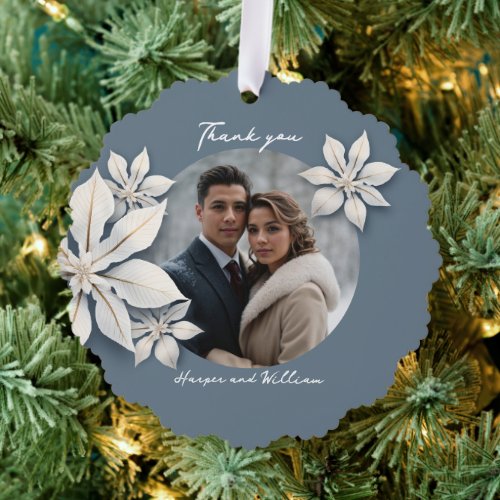 Winter floral wedding photo thank you ornament card