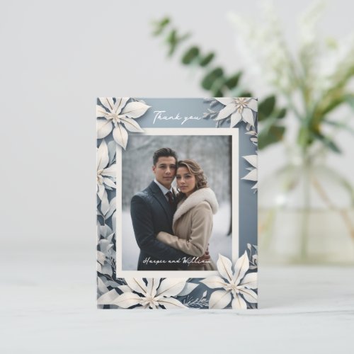 Winter floral wedding photo thank you postcard