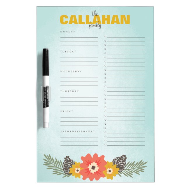 Winter Floral Weekly Calendar + Checklist Dry-Erase Board (Front)