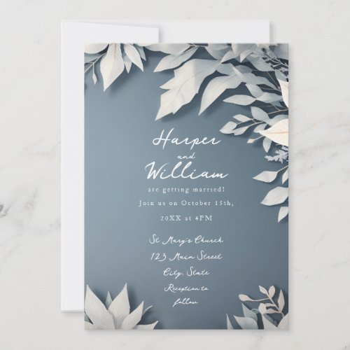 Winter floral white and blue wedding invitation