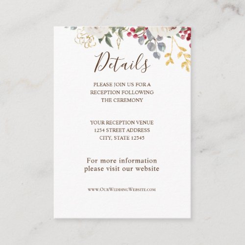 Winter Floral White Roses Red Berries Gold Leaves Enclosure Card