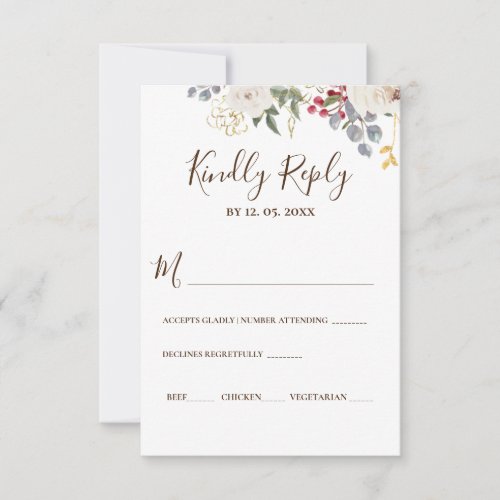 Winter Floral White Roses Red Berries Gold Leaves  RSVP Card