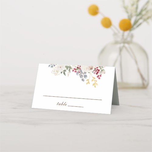 Winter Floral White Roses Red Berries Wedding Place Card