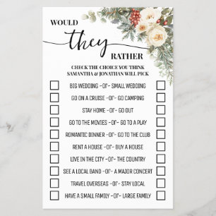 Winter Floral Would They Rather Shower Game Card Flyer
