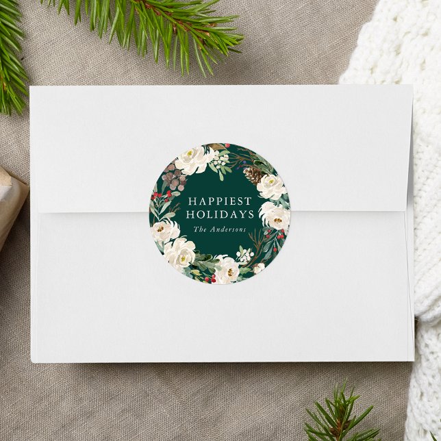 Winter Floral Wreath Green Personalized Holiday Classic Round Sticker (Creator Uploaded)