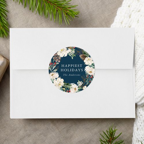 Winter Floral Wreath Navy Personalized Holiday Classic Round Sticker