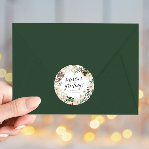 Winter Floral Wreath Seasons Greetings Holiday Classic Round Sticker