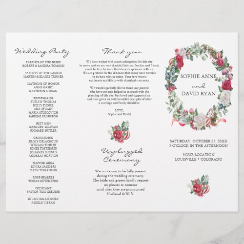 Winter Floral Wreath TriFold Wedding Program Flyer