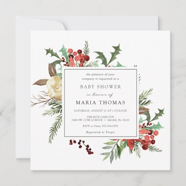 Winter Florals and Evergreen Baby Shower Invitation (Front)