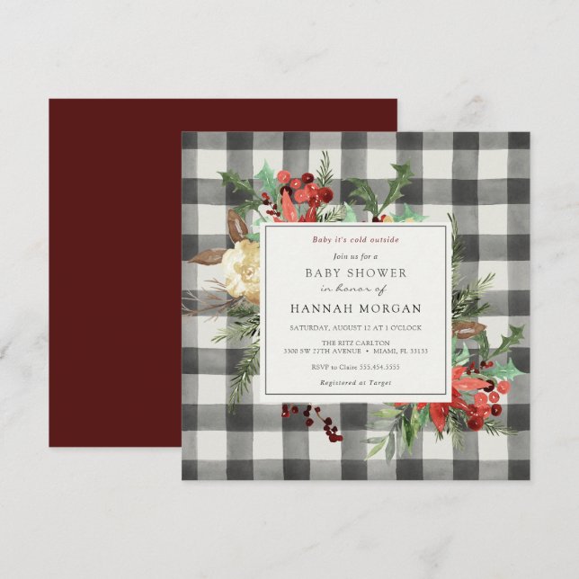 Winter Florals and Evergreen Plaid Baby Shower Invitation (Front/Back)