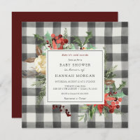 Winter Florals and Evergreen Plaid Baby Shower Invitation