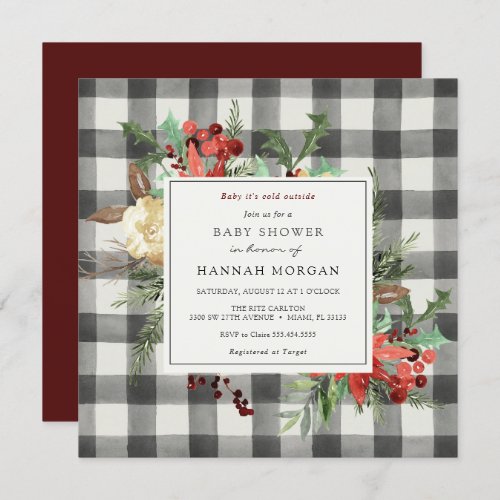 Winter Florals and Evergreen Plaid Baby Shower Invitation