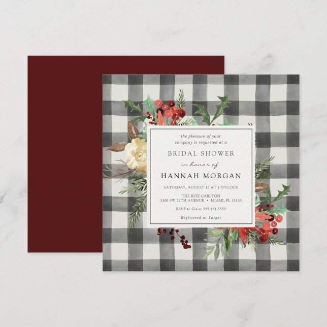Winter Florals and Evergreen Plaid Bridal Shower Invitation (Front/Back)