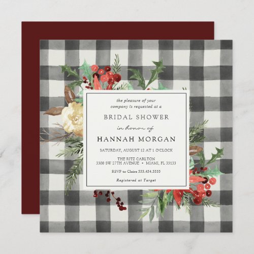 Winter Florals and Evergreen Plaid Bridal Shower Invitation