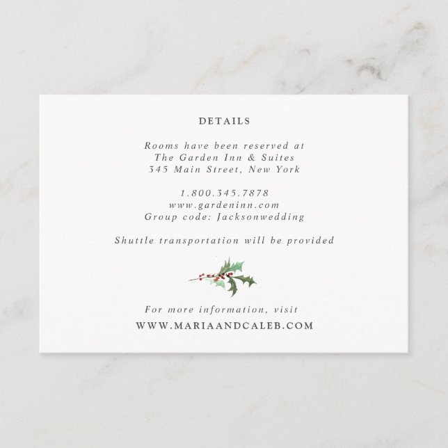 Winter Florals and Evergreen Wedding Details Card (Front)