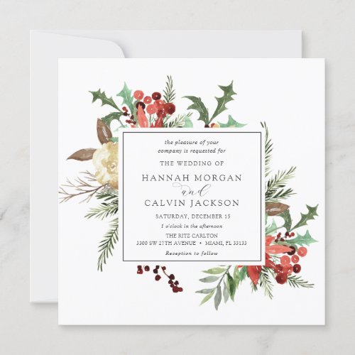 Winter Florals and Evergreen Wedding Invitation