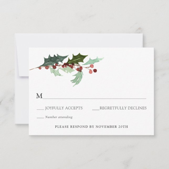 Winter Florals and Evergreen Wedding RSVP Invitation (Front)