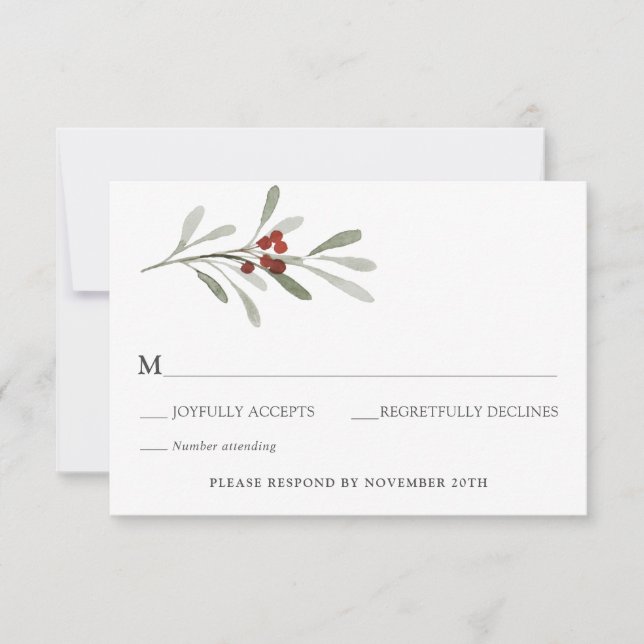 Winter Florals and Evergreen Wedding RSVP Invitation (Front)