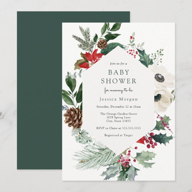 Winter Florals and Greenery Baby Shower Invitation (Front/Back)