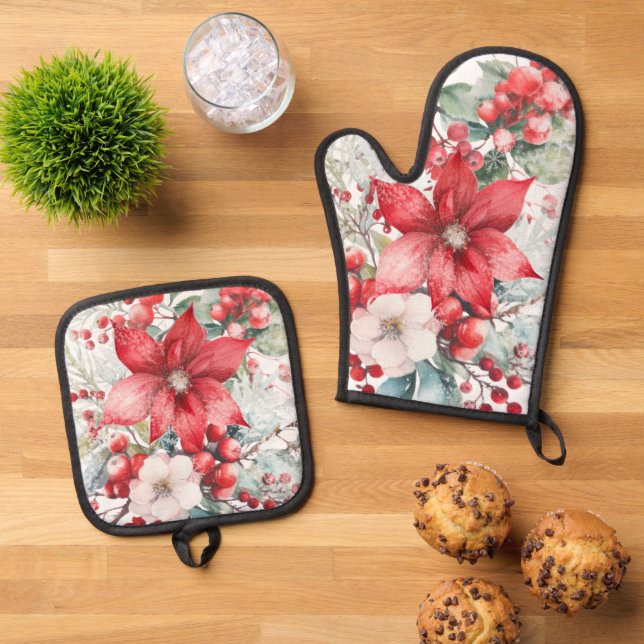Winter Florals Foliage Red Poinsettia Berries  Oven Mitt & Pot Holder Set (Top Down)