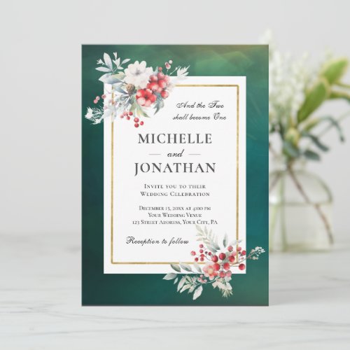 Winter Florals Frame on Green Christian Wedding Invitation