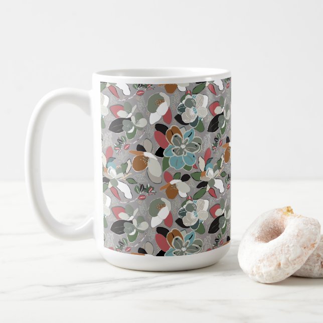 Winter Florals Gray Black Coffee Mug (With Donut)