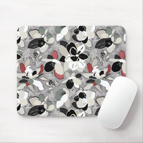 Winter Florals Gray Black Mouse Pad