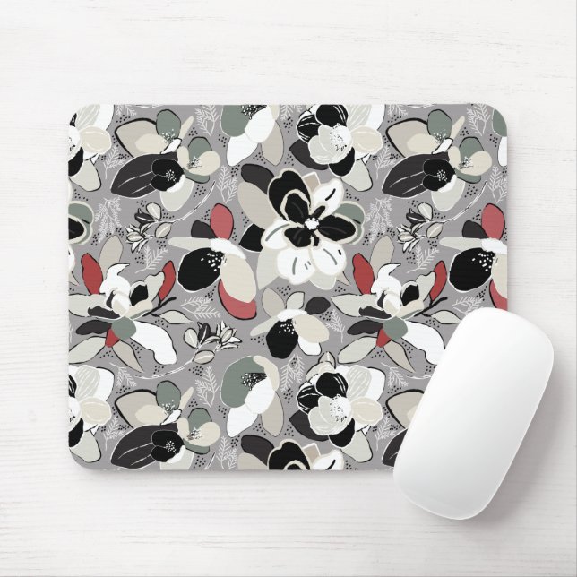 Winter Florals Gray Black Mouse Pad (With Mouse)