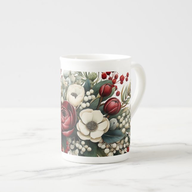 Winter Florals Green Red White Enlarged Bone China Mug (Front Right)