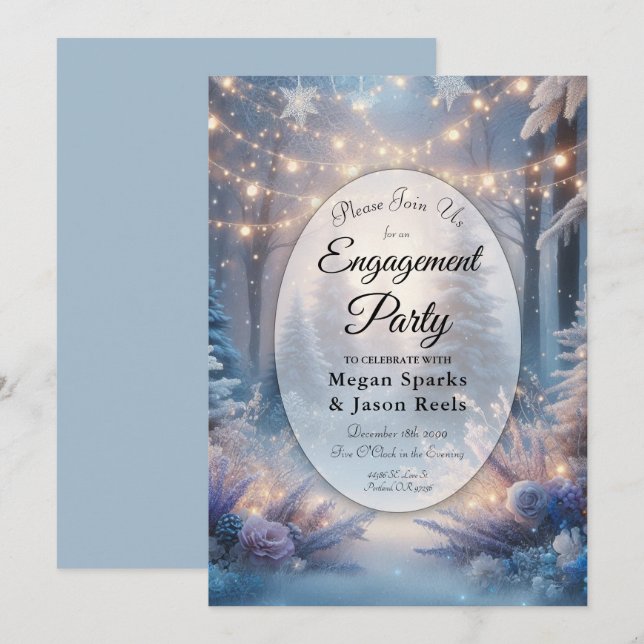 Winter Florals in Frosted Pines Engagement Party Invitation (Front/Back)