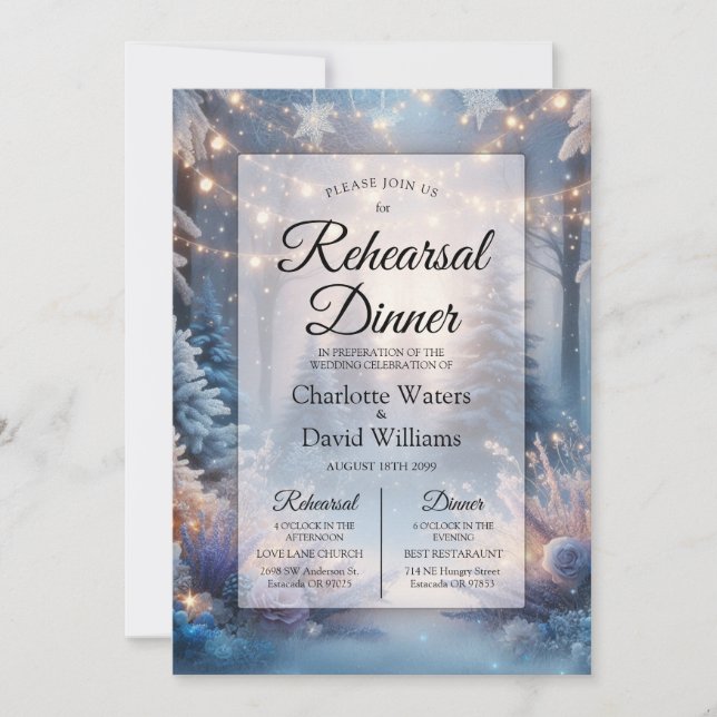 Winter Florals in Frosted Pines Rehearsal Dinner Invitation (Front)