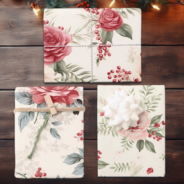 Winter Florals in Pink Red and White, Christmas  Wrapping Paper Sheets (Creator Uploaded)