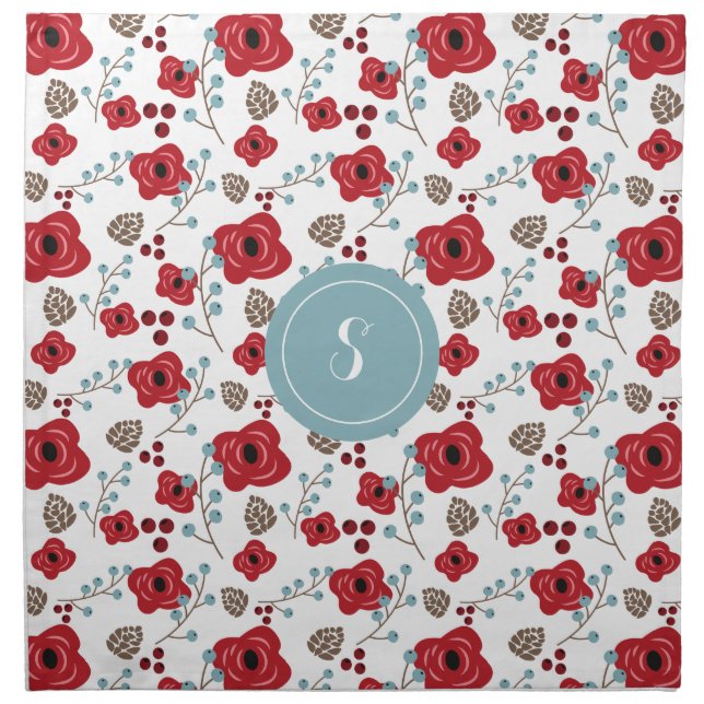 Winter Florals Poppies and Berries Monogram Cloth Napkin (Front)