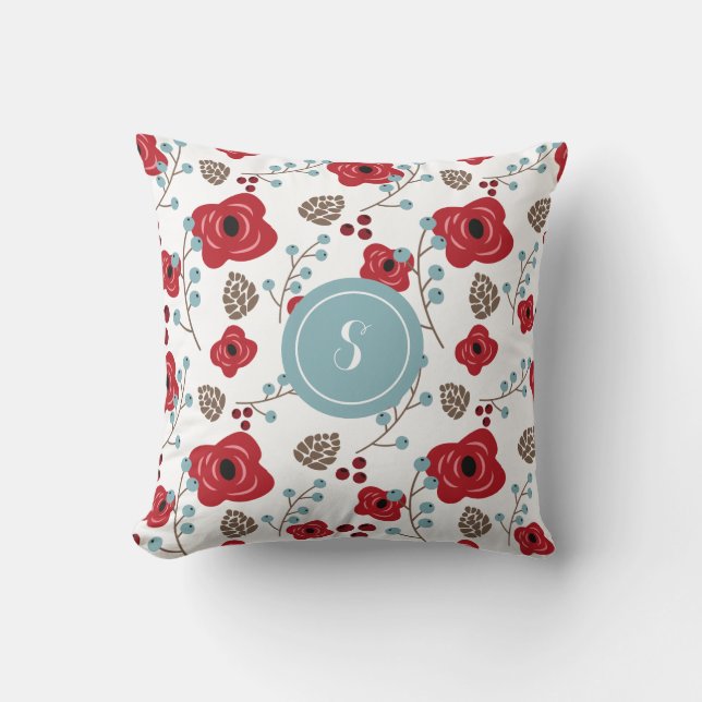 Winter Florals Poppies and Berries Monogram Throw Pillow (Front)