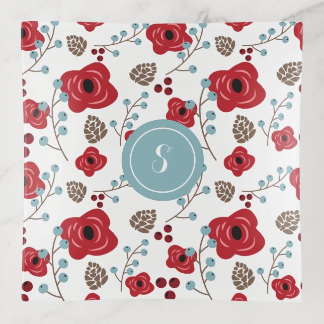 Winter Florals Poppies and Berries Monogram Trinket Tray (Front)