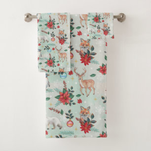 Winter Florest Animals Christmas Pattern Bath Towel Set