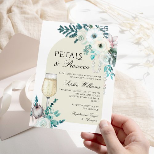 Winter Flower Arch Petals  Prosecco Bridal Shower Invitation