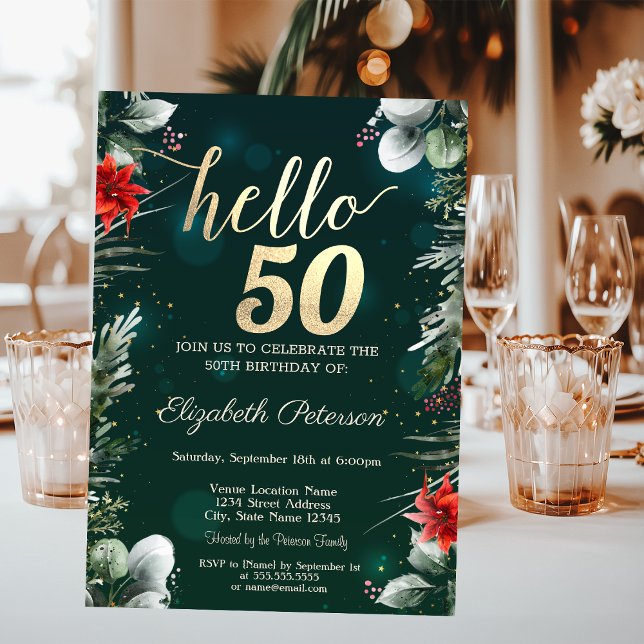 Winter Flower Poinsettia Green 50th Birthday Invitation (Creator Uploaded)