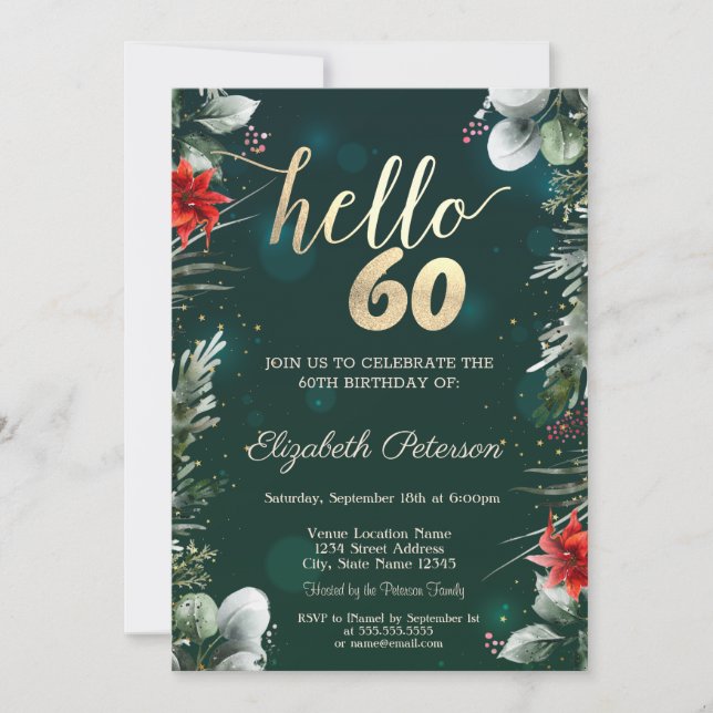 Winter Flower Poinsettia Green 60th Birthday Invitation (Front)
