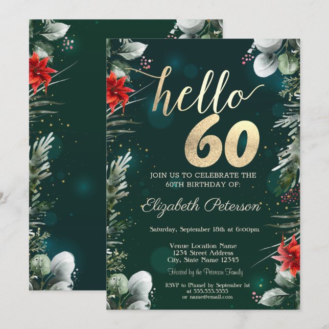 Winter Flower Poinsettia Green 60th Birthday Invitation (Front/Back)