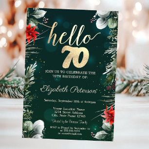 Winter Flower Poinsettia Green 70th Birthday Invitation