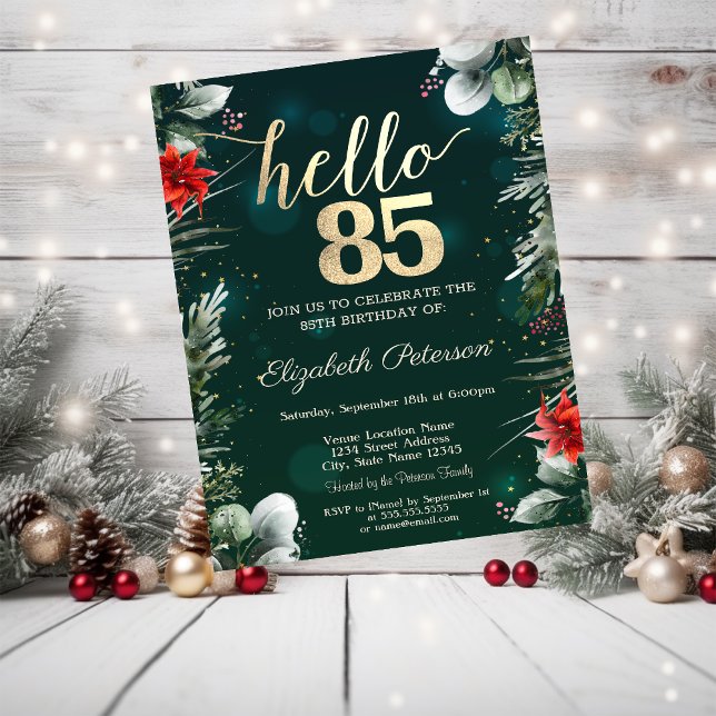Winter Flower Poinsettia Green 85th Birthday Invitation (Creator Uploaded)