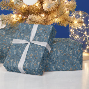 Winter Flowers Blue Wrapping Paper